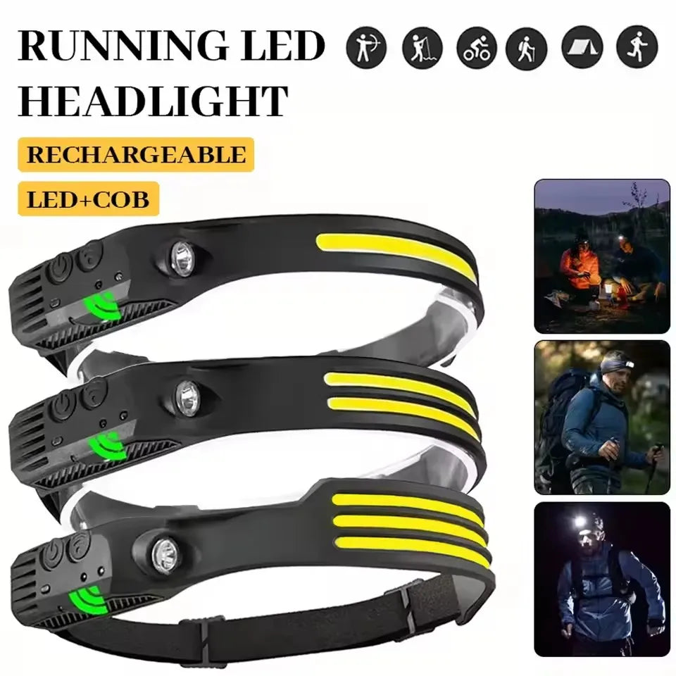 Outdoor Head Lamp with 230 Degree Wide Beam 5 Lighting Modes Motion Sensor IPX4 Waterproof Rechargeable Design Jogging Fishing