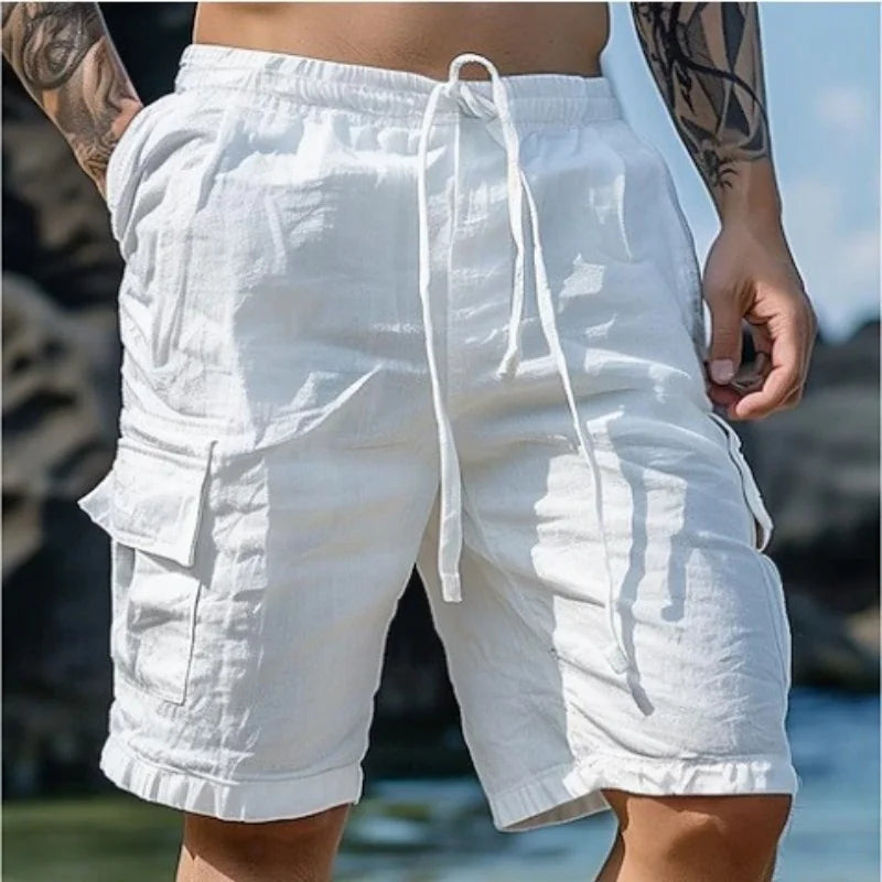 Summer Fashion Loose White Cargo Shorts Men's Handsome Streetwear Beachwear Solid Color with Pockets Shorts Workout Pants 2024