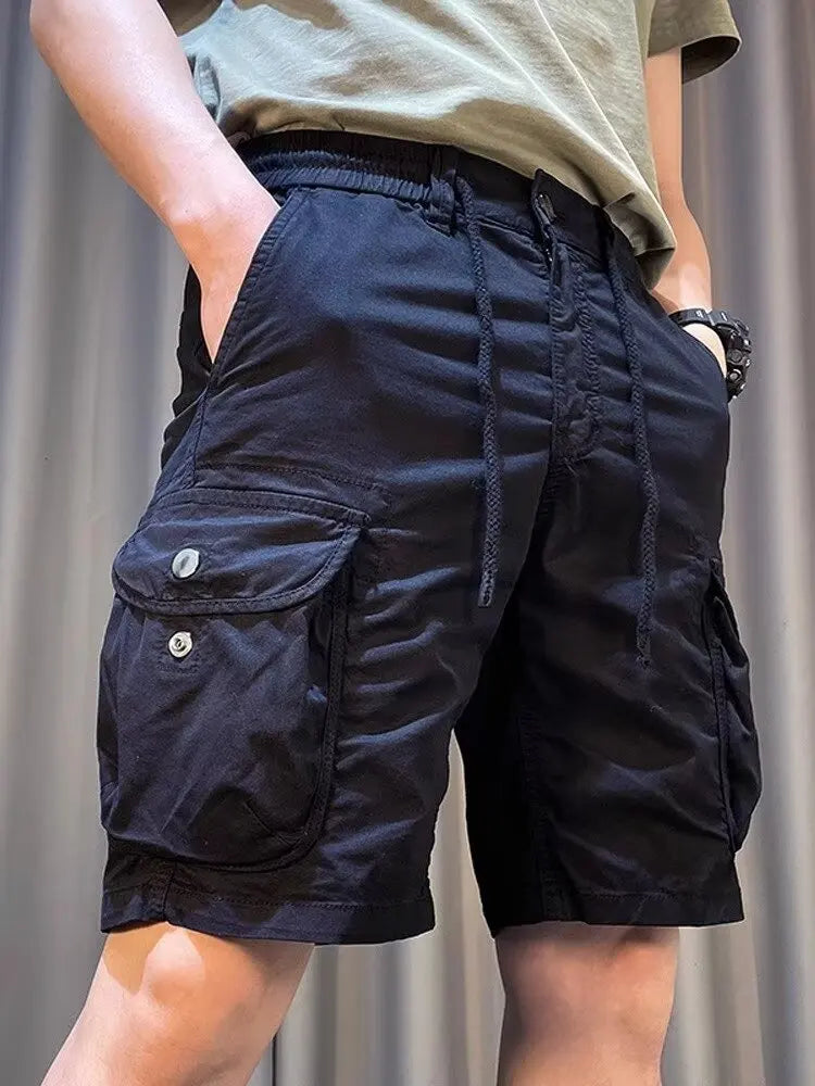 Men Cargo Shorts Drawstring Multi-Pocket Casual Loose Bermuda Shorts Summer Streetwear Cotton Blend Outdoor Hiking Short Pants