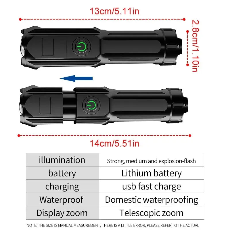 LED Flashlight Strong Light Rechargeable Waterproof Multi Functional Light For Outdoor Camping Fishing Work Lighting Flashlight