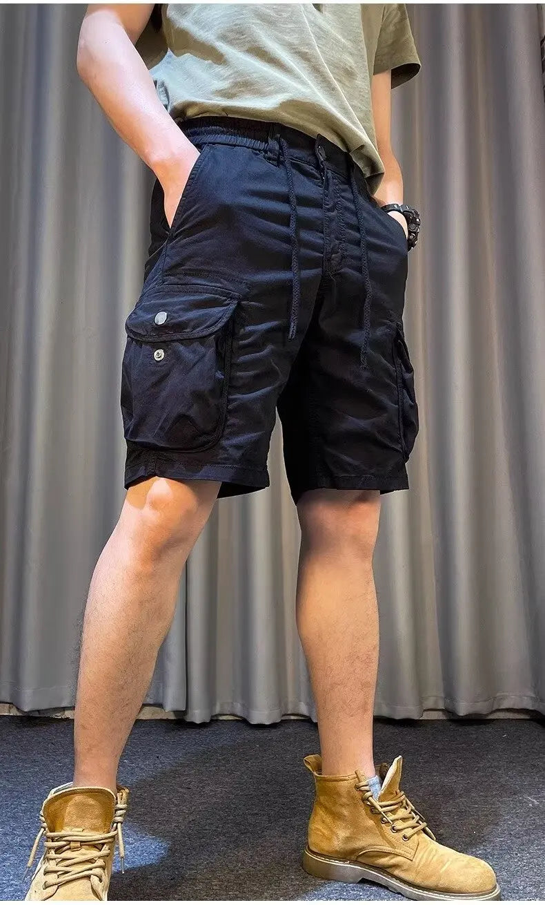 Men Cargo Shorts Drawstring Multi-Pocket Casual Loose Bermuda Shorts Summer Streetwear Cotton Blend Outdoor Hiking Short Pants