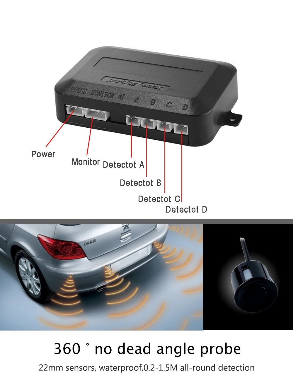 Car Reverse Radar Kit 12VDC Vehicle Parking Sensor System 4 Sensors Backup Assist System with LED Distance Display Sound Warning