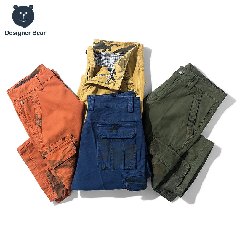 Summer Men's Cargo Shorts Baggy Straight Knee Length Pants Multi-Pocket Khaki Work 100%Cotton Camouflage Twill Short Belt Gift