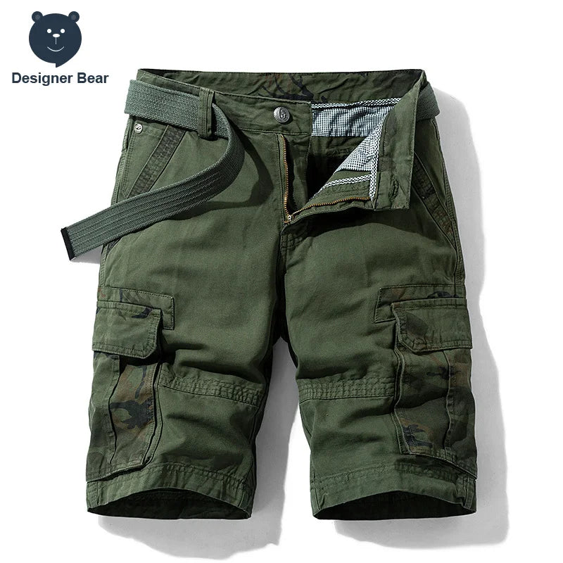 Summer Men's Cargo Shorts Baggy Straight Knee Length Pants Multi-Pocket Khaki Work 100%Cotton Camouflage Twill Short Belt Gift