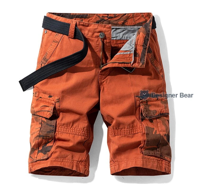 Summer Men's Cargo Shorts Baggy Straight Knee Length Pants Multi-Pocket Khaki Work 100%Cotton Camouflage Twill Short Belt Gift