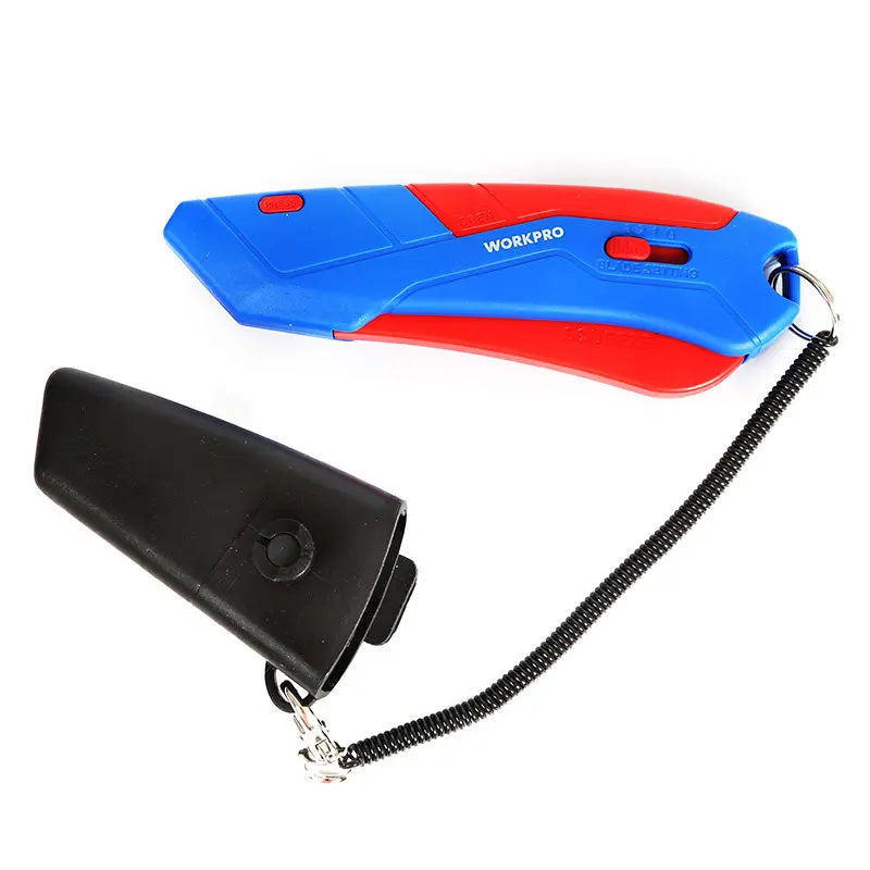 WORKPRO New Safety Cutter with Sheath & Lanyard, Self-Retracting Utility Knife, Compact Box Cutter, W013019