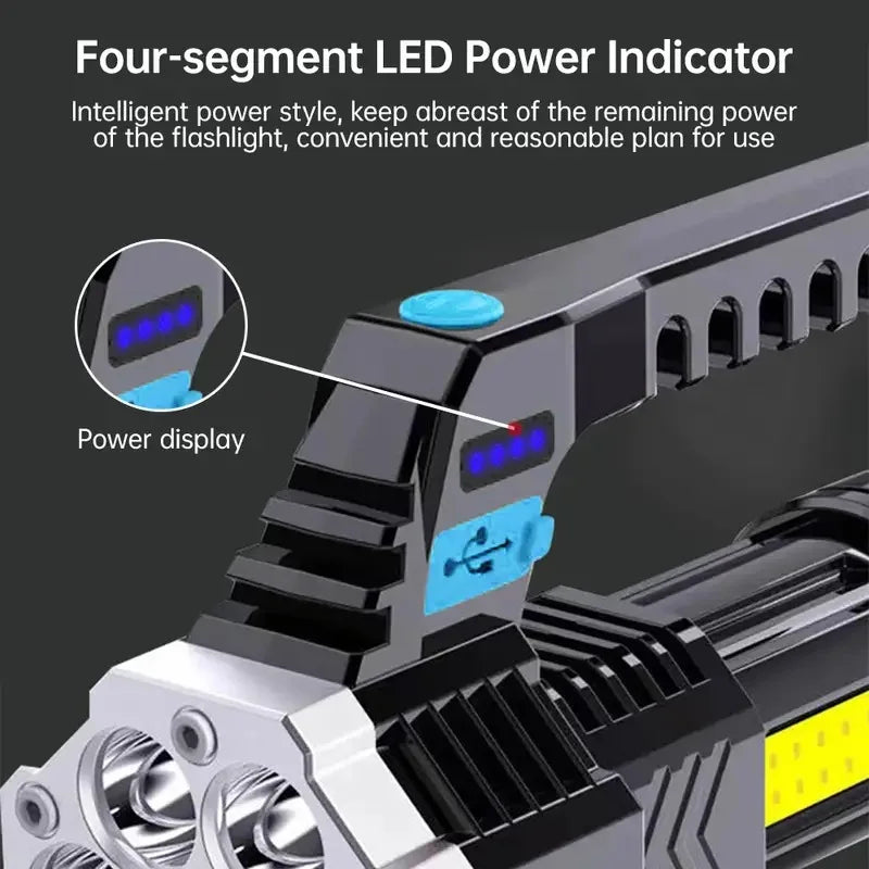 7LED Flashlight 4 Lighting Mode IPX4 Waterproof 4-Level Brightness Adjustable with Power Indicator for Hiking Emergency Survival