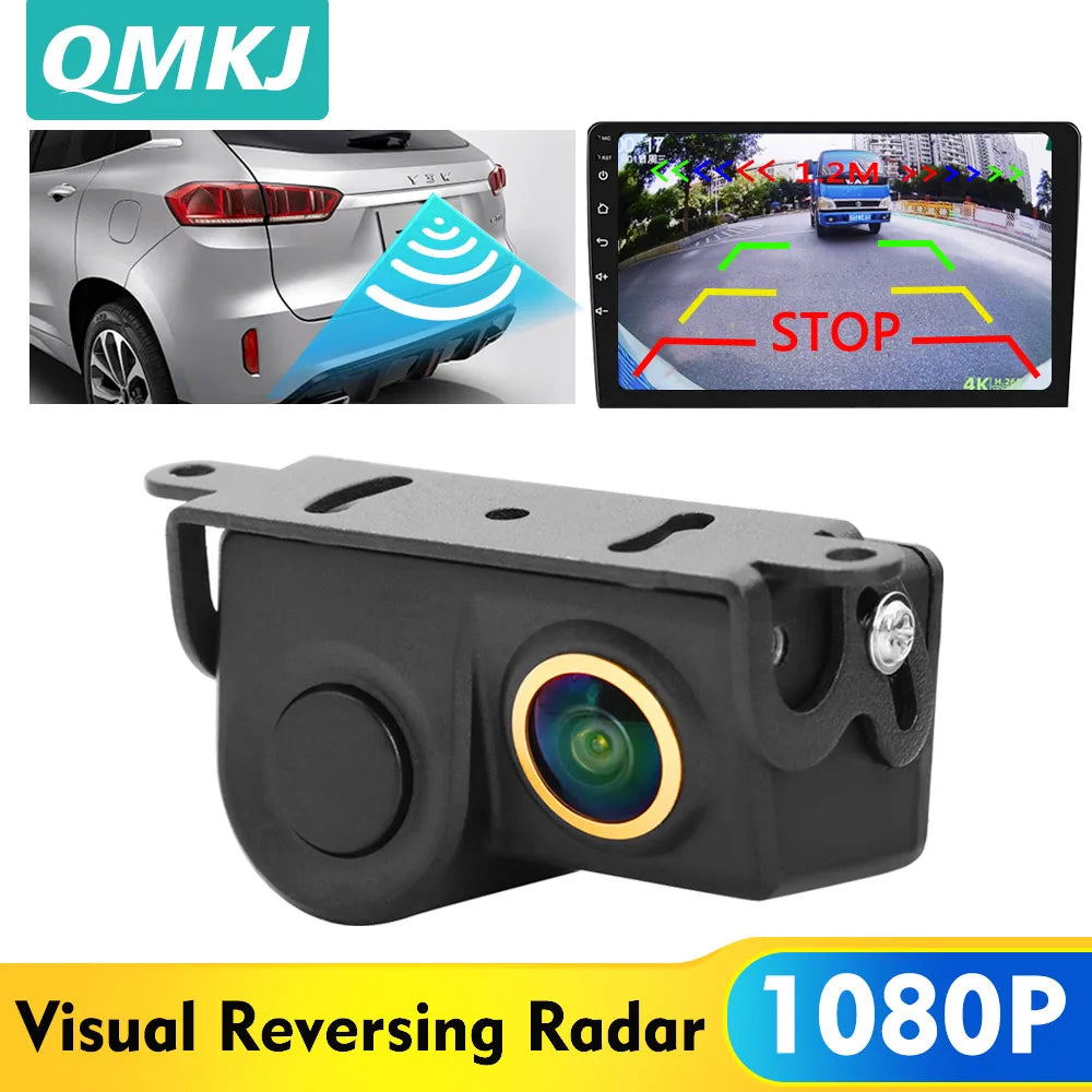 QMKJ HD 1080P Golden Lens Car Radar and Rear View Camera Rear Radar Sensor Early Warning Detector Car Rearview Vehicle Camera