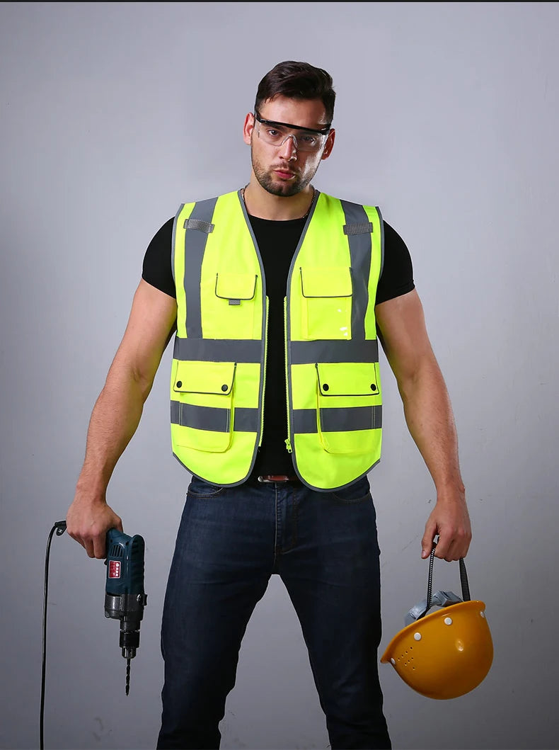 High Visibility Reflective Safety Vest Zipper Front Vest With Reflective Strips Construction Workwear Safety Reflective Vest