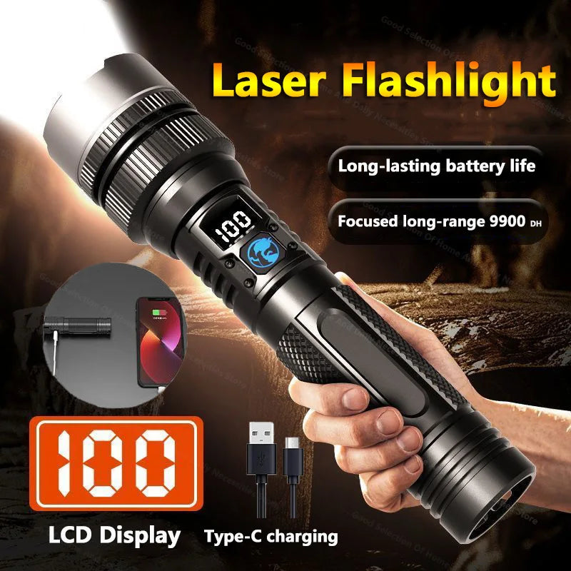 LED Display Laser Flashlight Super Bright Type-C Rechargeable IPX8 Waterproof Long Lasting Camping Emergency Flashlight