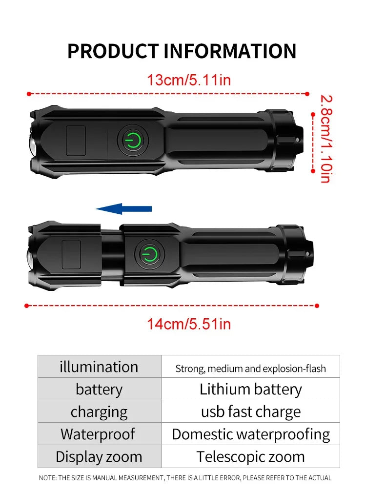 Powerful LED Flashlight Rechargeable USB Built-in Lithium Battery Waterproof Zoom Fishing Hunting Camping Tactical Flashlight