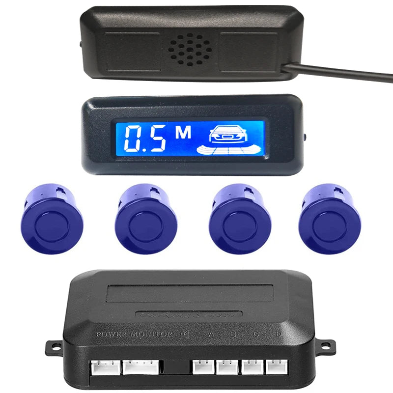 Car Reverse Radar Kit 12VDC Vehicle Parking Sensor System 4 Sensors Backup Assist System with LED Distance Display Sound Warning