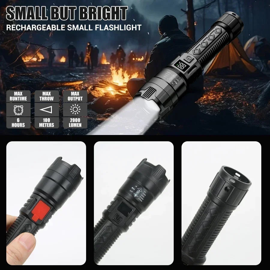 High Strong Power Led Flashlights 2000LM Tactical Torch with Display Light Rechargeable Camping Fishing Emergency Zoom Lantern