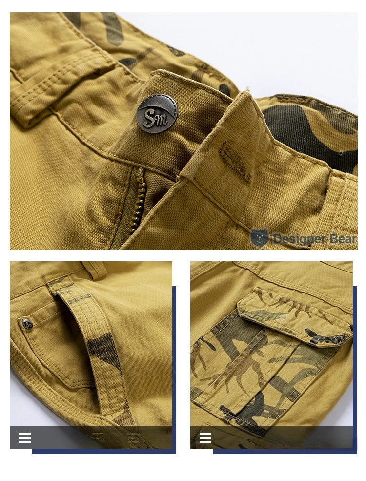 Summer Men's Cargo Shorts Baggy Straight Knee Length Pants Multi-Pocket Khaki Work 100%Cotton Camouflage Twill Short Belt Gift