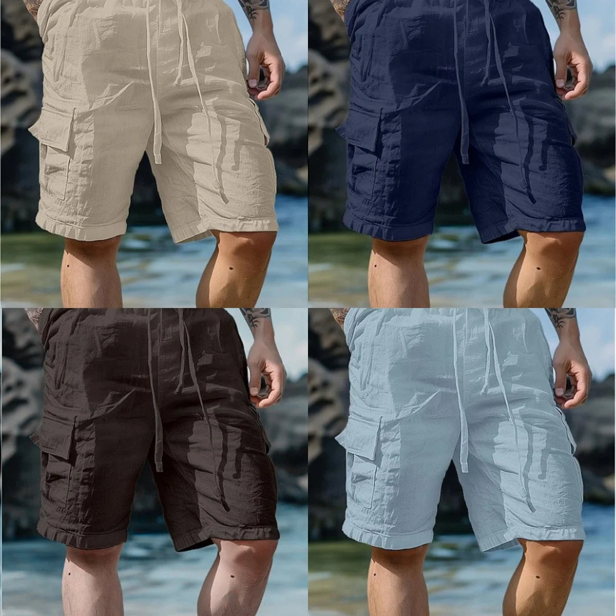 Summer Fashion Loose White Cargo Shorts Men's Handsome Streetwear Beachwear Solid Color with Pockets Shorts Workout Pants 2024