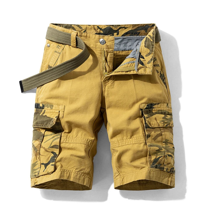 Summer Men's Cargo Shorts Baggy Straight Knee Length Pants Multi-Pocket Khaki Work 100%Cotton Camouflage Twill Short Belt Gift