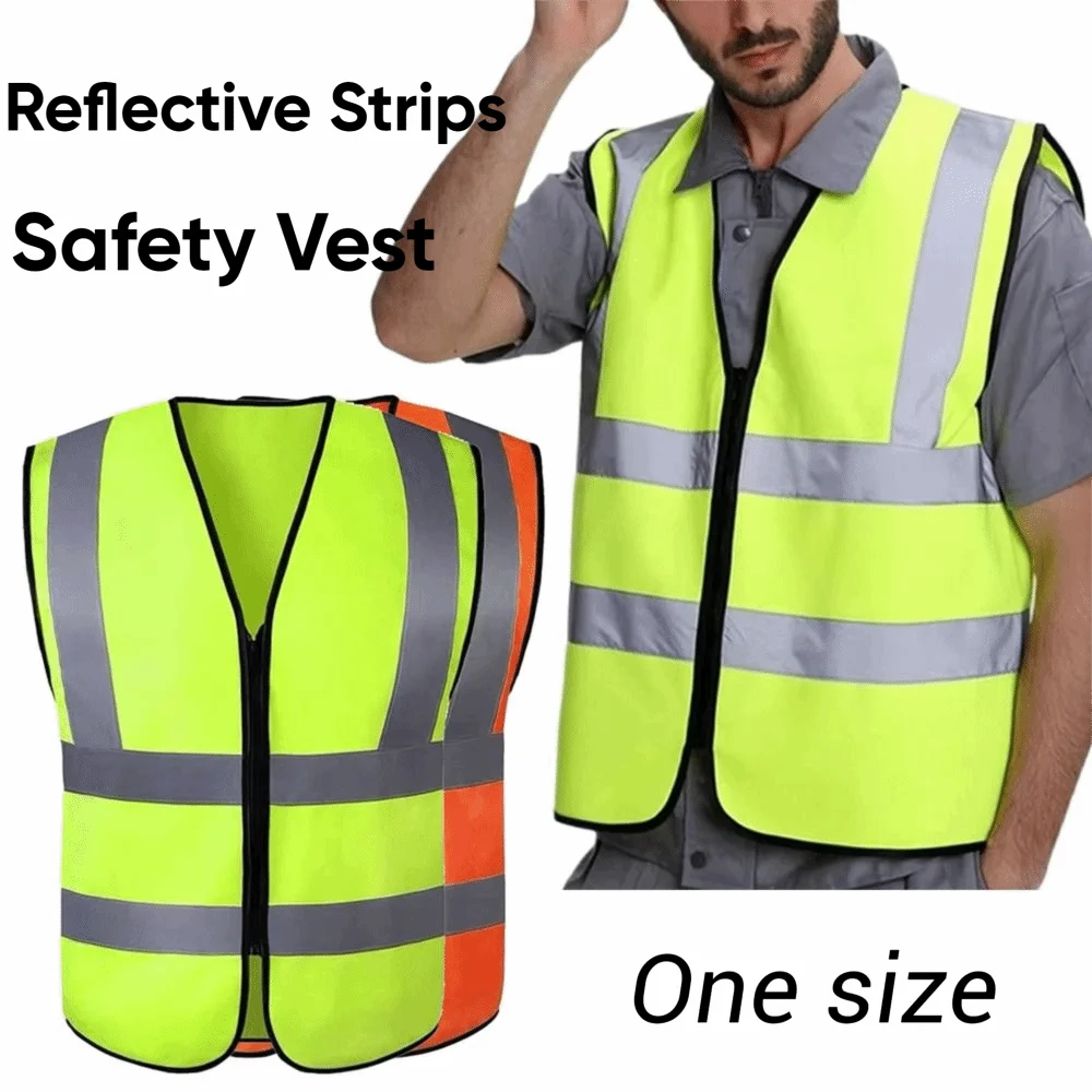Durable High Visibility Safety Vest Front Reflective Strips Zipper Workwear Uniforms Security Guard Vest Warehouse