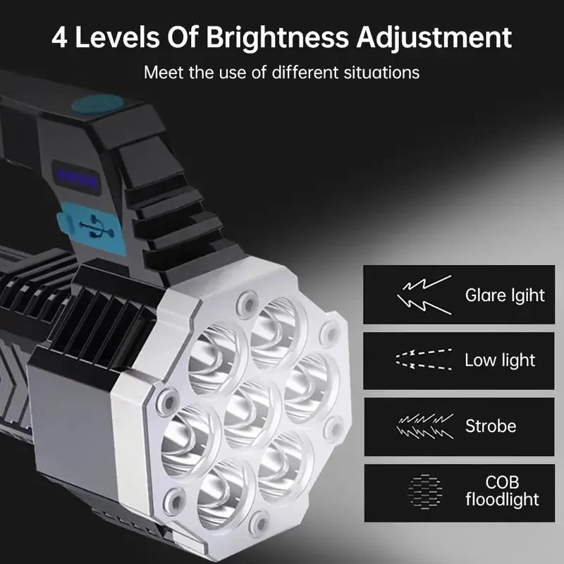 7LED Flashlight 4 Lighting Mode IPX4 Waterproof 4-Level Brightness Adjustable with Power Indicator for Hiking Emergency Survival