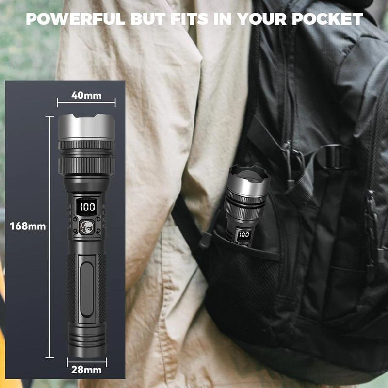 LED Display Laser Flashlight Super Bright Type-C Rechargeable IPX8 Waterproof Long Lasting Camping Emergency Flashlight