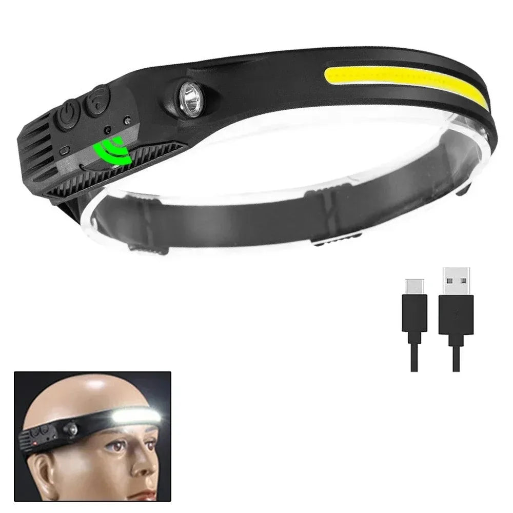 Outdoor Head Lamp with 230 Degree Wide Beam 5 Lighting Modes Motion Sensor IPX4 Waterproof Rechargeable Design Jogging Fishing