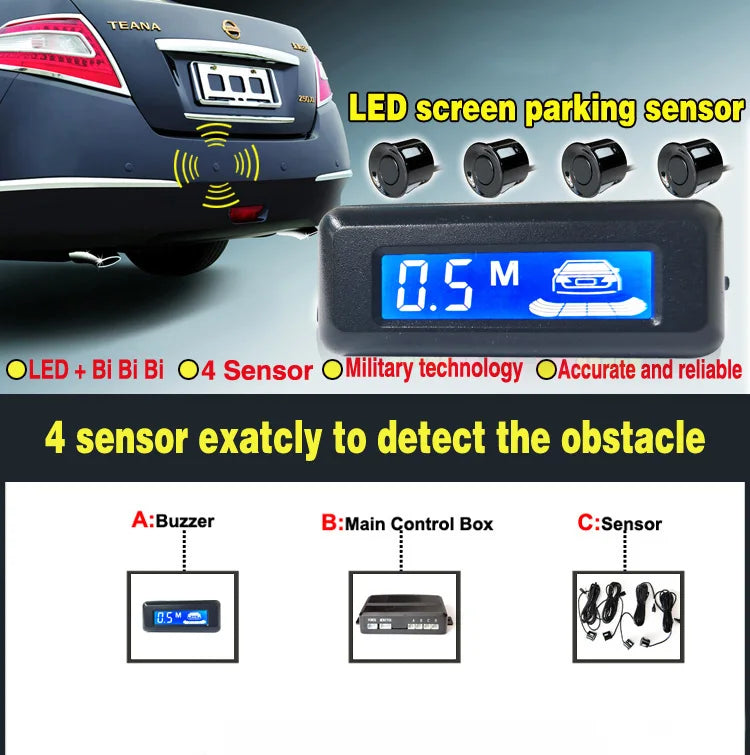 Car Reverse Radar Kit 12VDC Vehicle Parking Sensor System 4 Sensors Backup Assist System with LED Distance Display Sound Warning