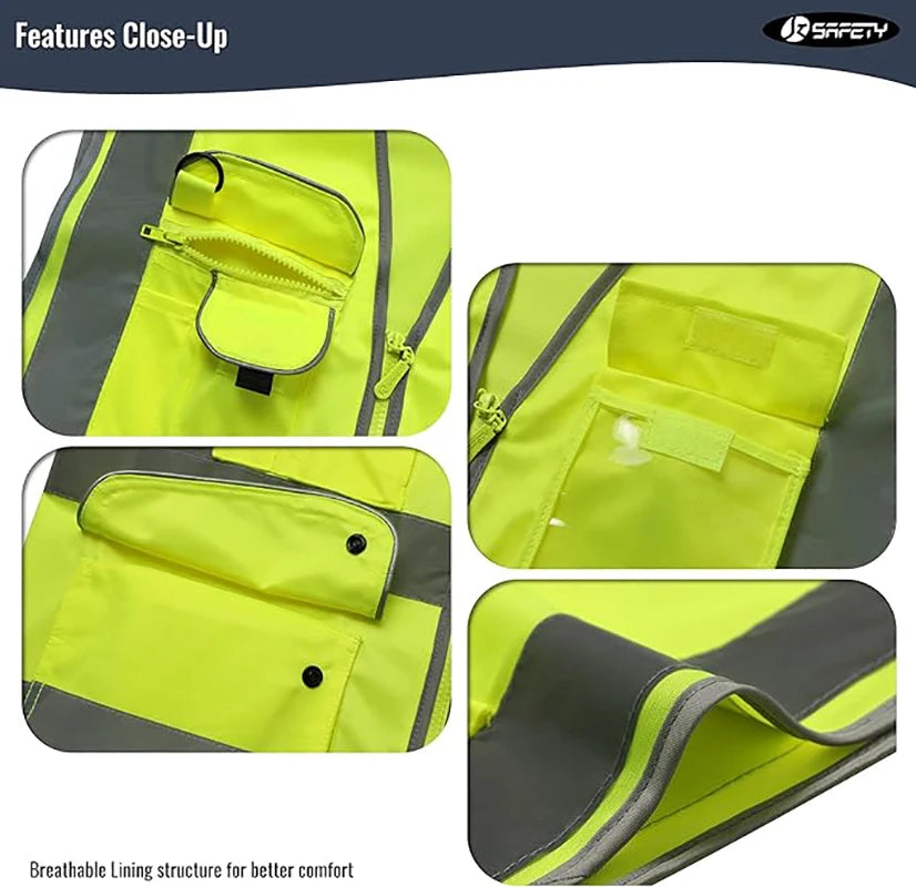 9 Pockets Class 2 High Visibility Zipper Front Safety Vest With Reflective Strips Yellow