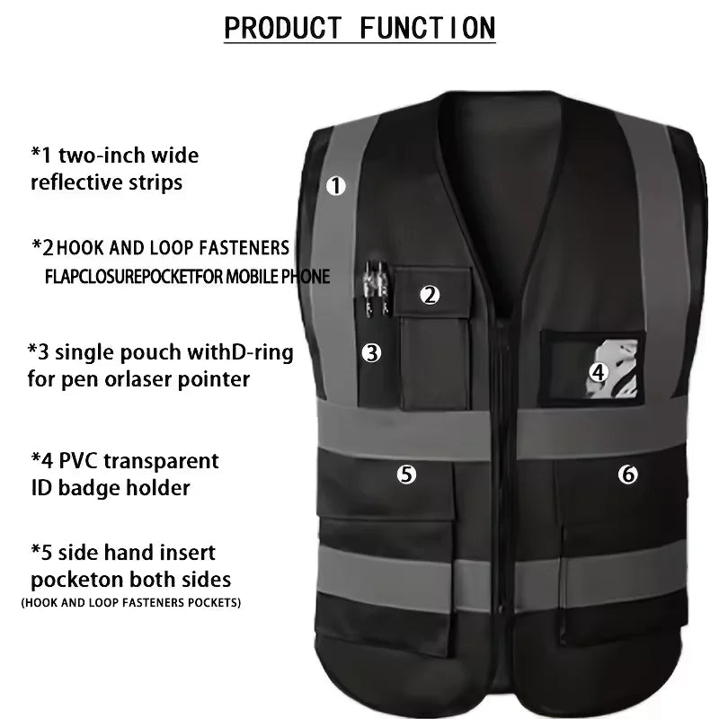 HACHANLUN Black Reflective Vest Vest Reflective Vest Traffic Riding Vest Overalls Multi-pocket Zipper