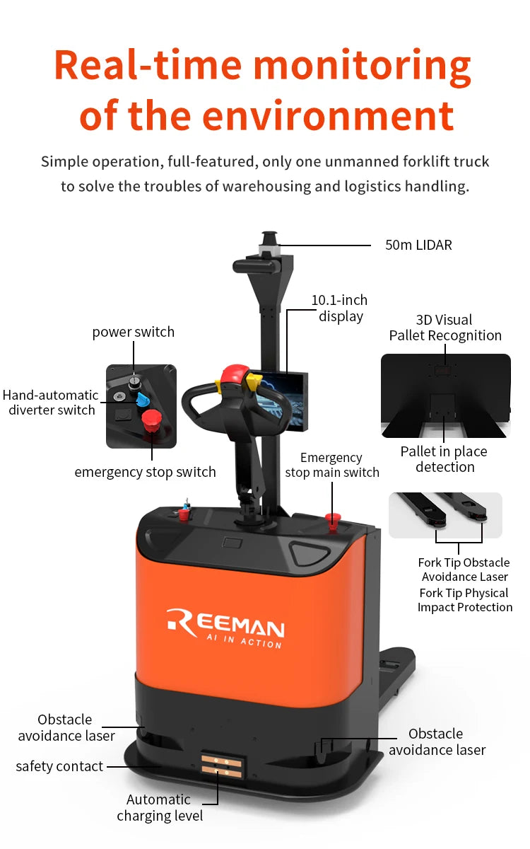 Smart Forklift Autonomous Unmanned Forklift 1.5t Electric Pallet Stacker Forklift Robot Warehouse Stacking Truck