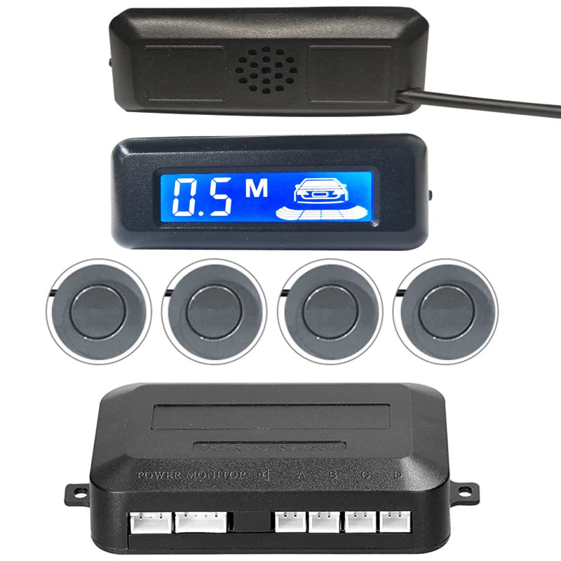 Car Reverse Radar Kit 12VDC Vehicle Parking Sensor System 4 Sensors Backup Assist System with LED Distance Display Sound Warning