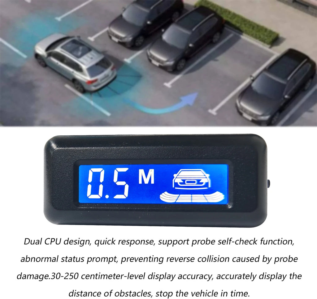 Car Reverse Radar Kit 12VDC Vehicle Parking Sensor System 4 Sensors Backup Assist System with LED Distance Display Sound Warning